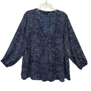 TAHARI WOMAN Navy White Blouse Top Plus Size 2X Peasant Ballon Boho Artsy Flair